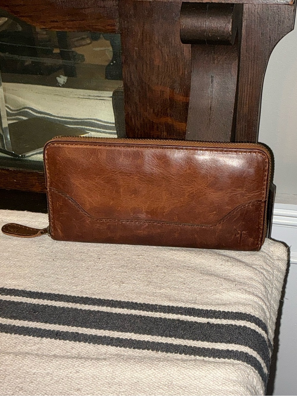 Frye Leather Melissa Zip Around Wallet Cognac Brown Retail $158
